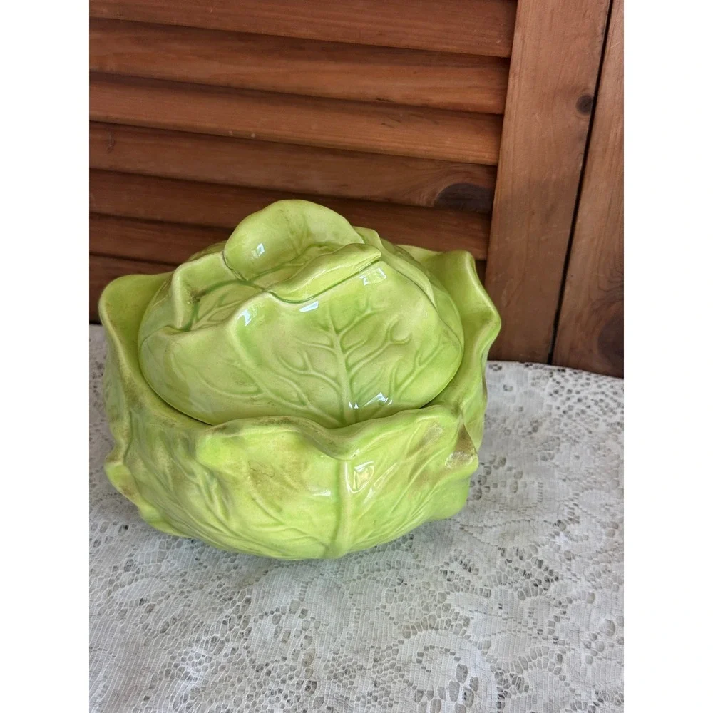 Vintage 1971 Mabel and Orval Kalb Ceramic Cabbage Tureen Green Leaf Lidded Bowl